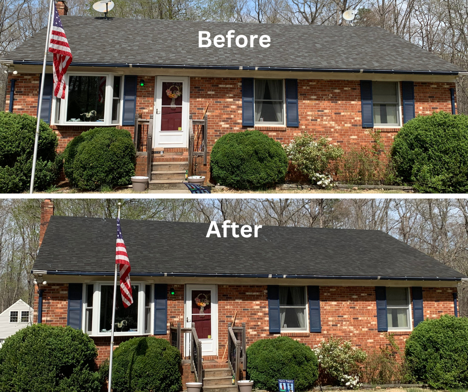 Before and after comparison of a brick house with bushes in front, showing a new black roof in the after image.