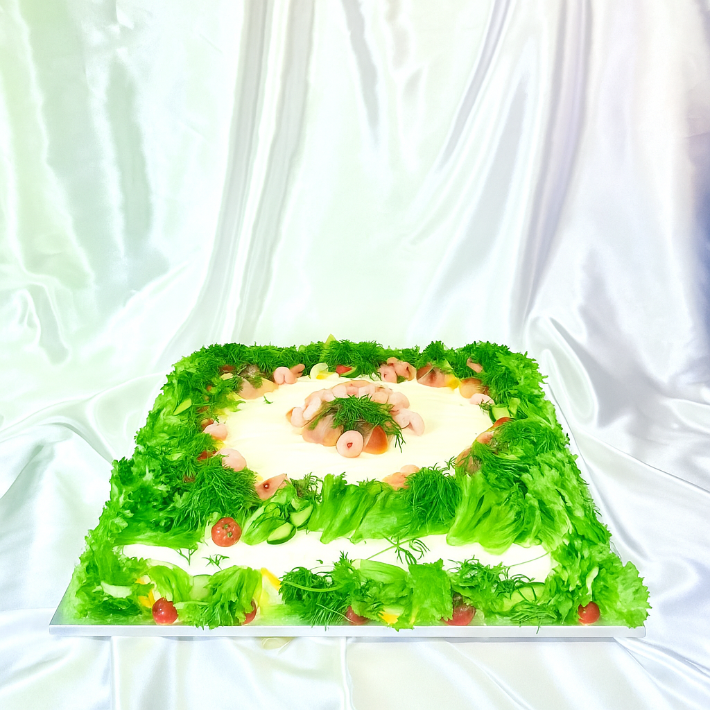 Kylmäsavulohi-katkarapuvoileipäkakku Helsingissä | Cakemaster