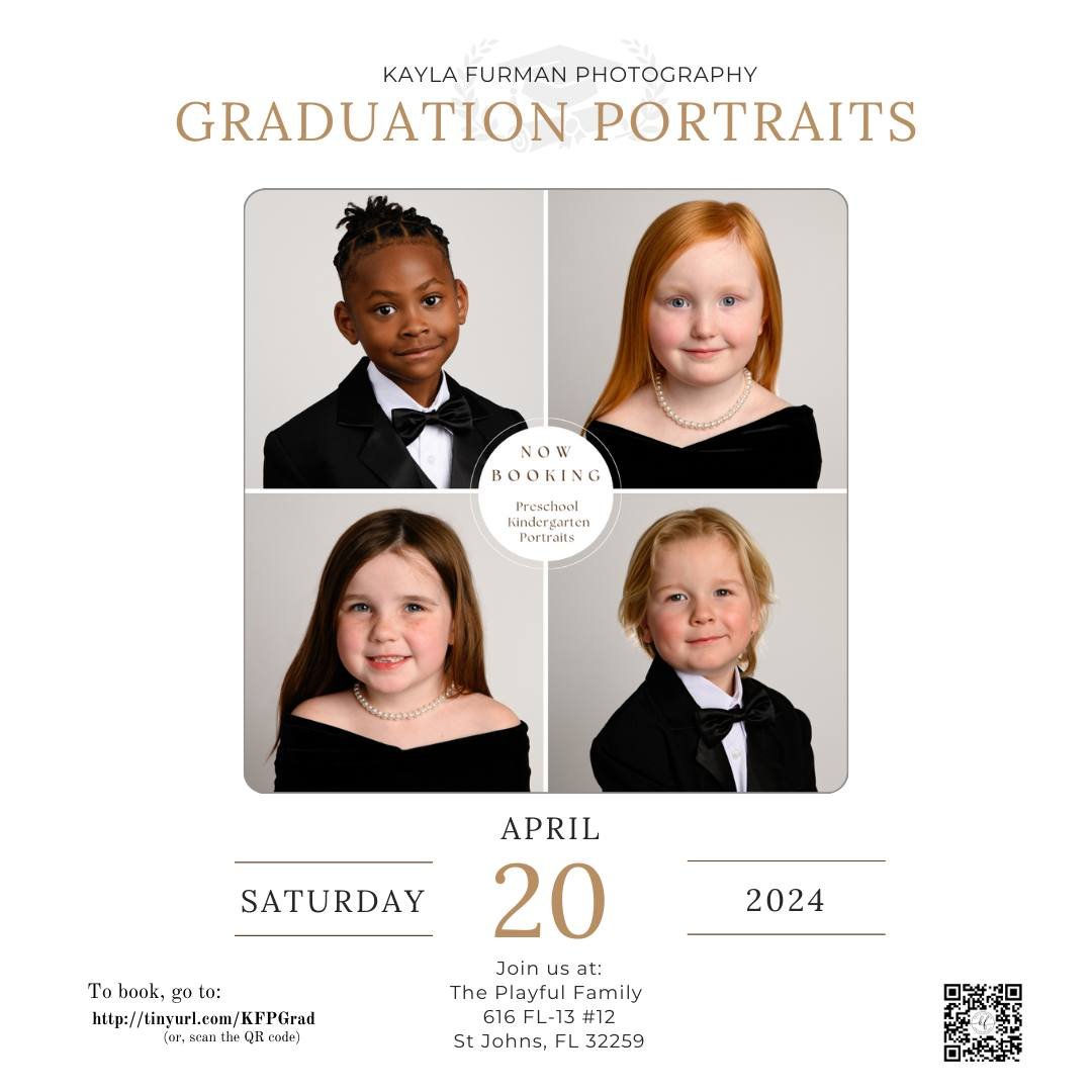 📸 We are excited to partner with The Playful Family in St. Johns, FL to offer graduation portraits for the littles!

When: Saturday, April 20, 2024 (9:30-11:30am)
Where: The Playful Family (616 FL-13 #12, St Johns, FL 32259)

More information can be