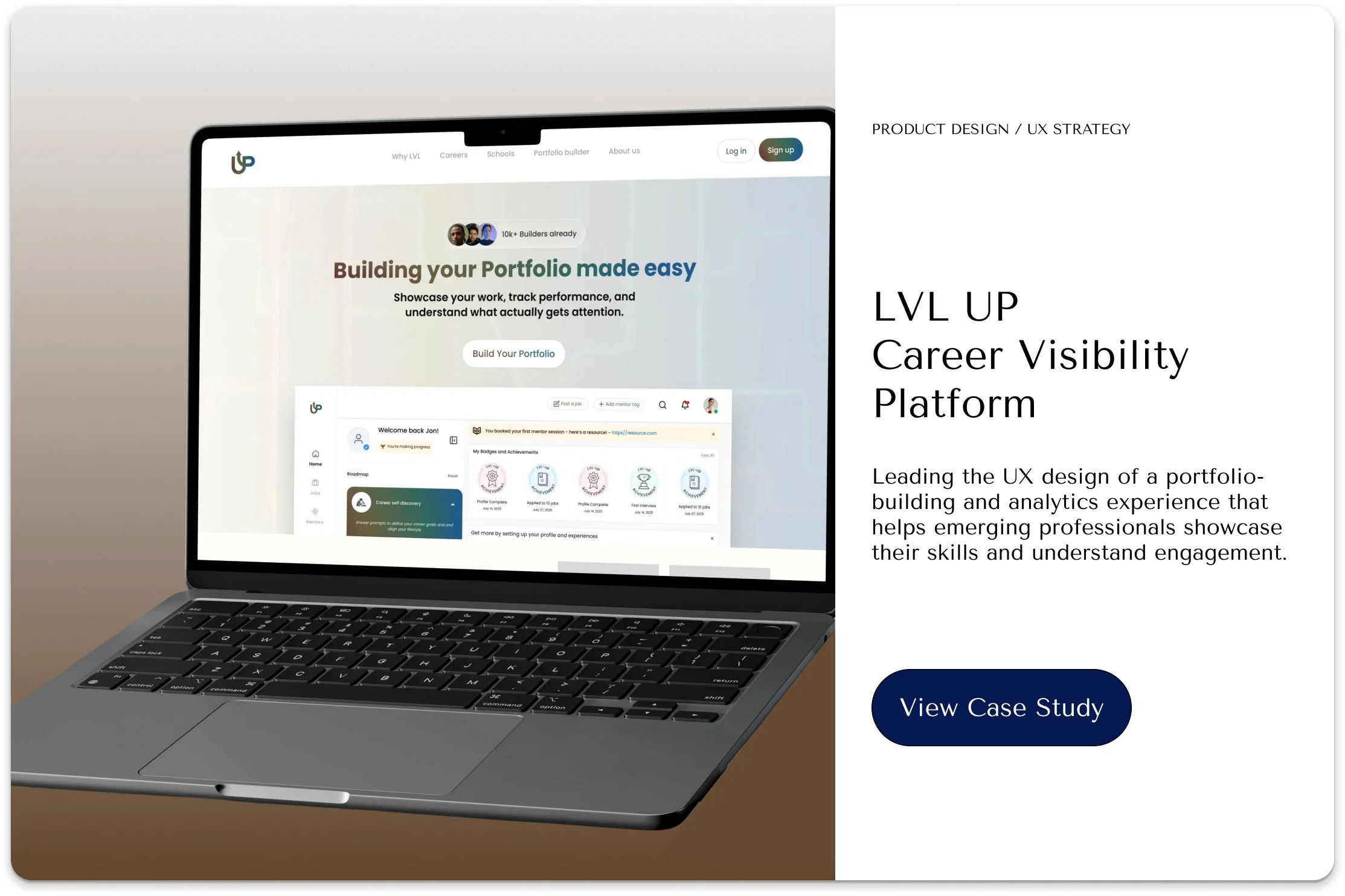 Leading the UX design of LVL UP’s Portfolio Builder and Analytics MVP.