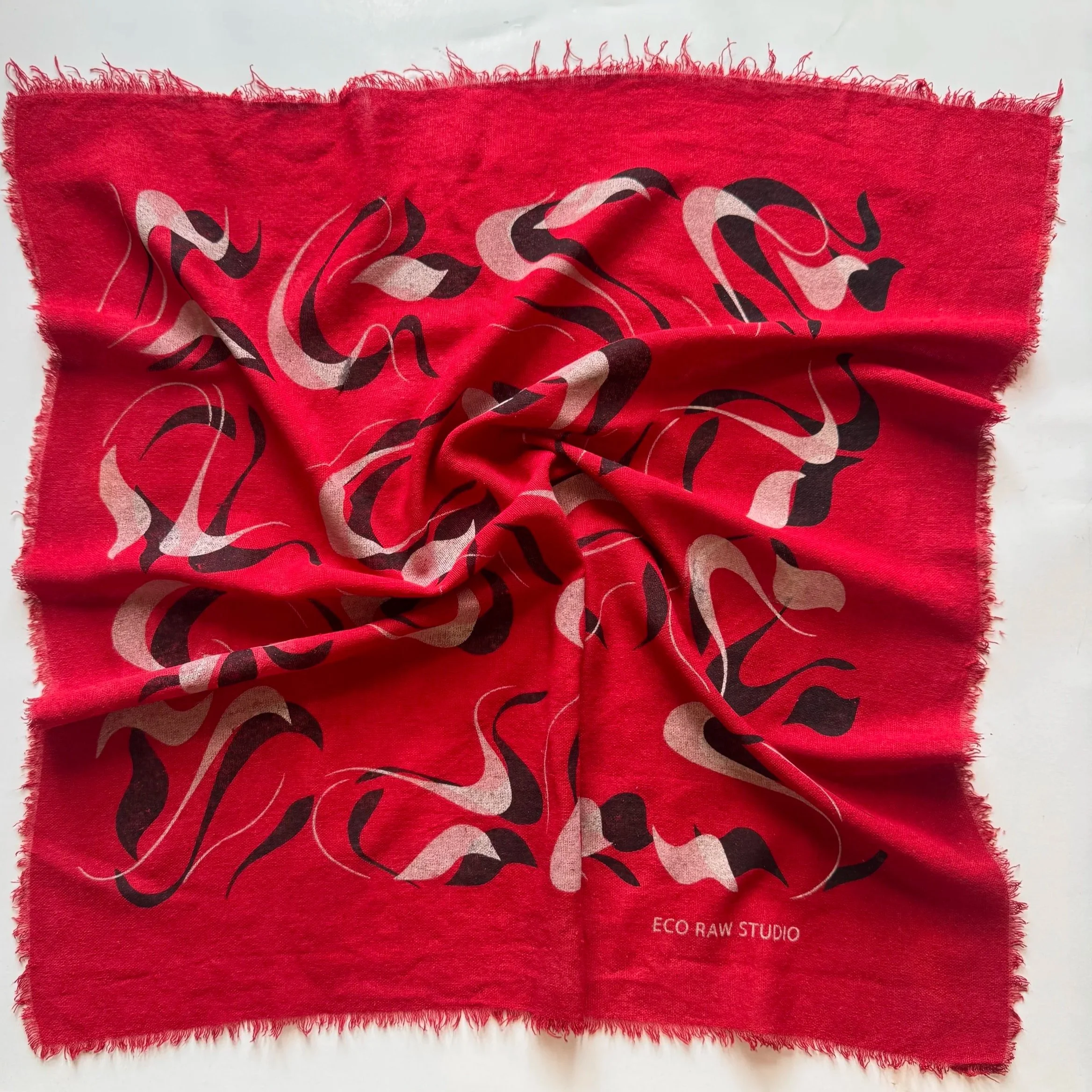 LIMTED EDITION red poetic Raw Silk Bandana - double print- black and beige ink