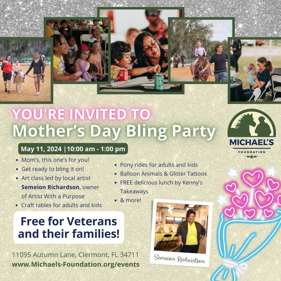 Mom's special day is just around the corner! Join us for a fabulous Mother's Day Bling Party on May 11th! Enjoy balloon animals, glitter tattoos, delicious food, and tons of bling-worthy activities! FREE for Veterans and their families!

Don't miss o