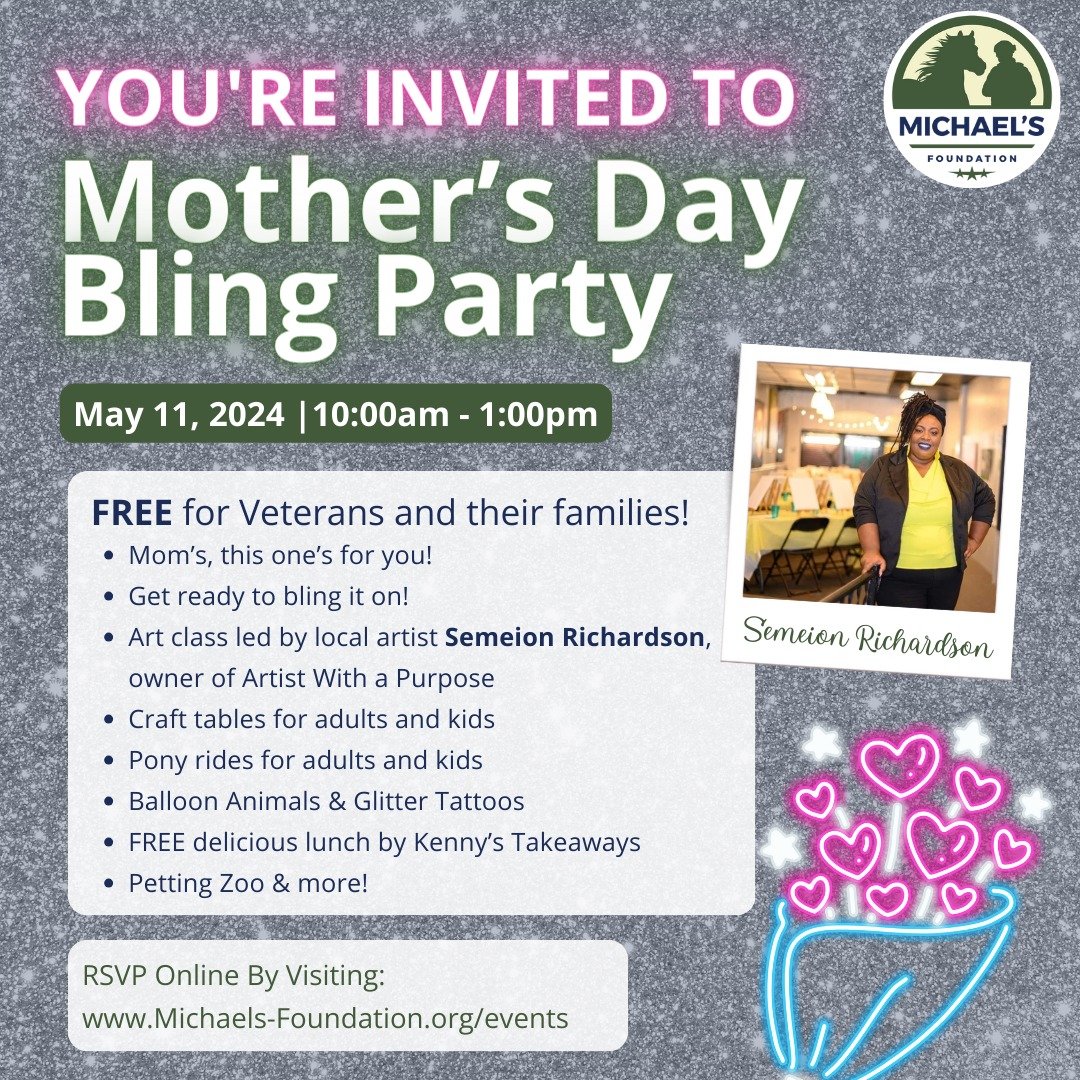 Mark your calendars for our dazzling Mother's Day Bling Party. Join us on May 11th while we celebrate our awesome moms!

- Mom&rsquo;s, this one&rsquo;s for you!
- Get ready to bling it on!
- Art class led by local artist Semeion Richardson, owner of