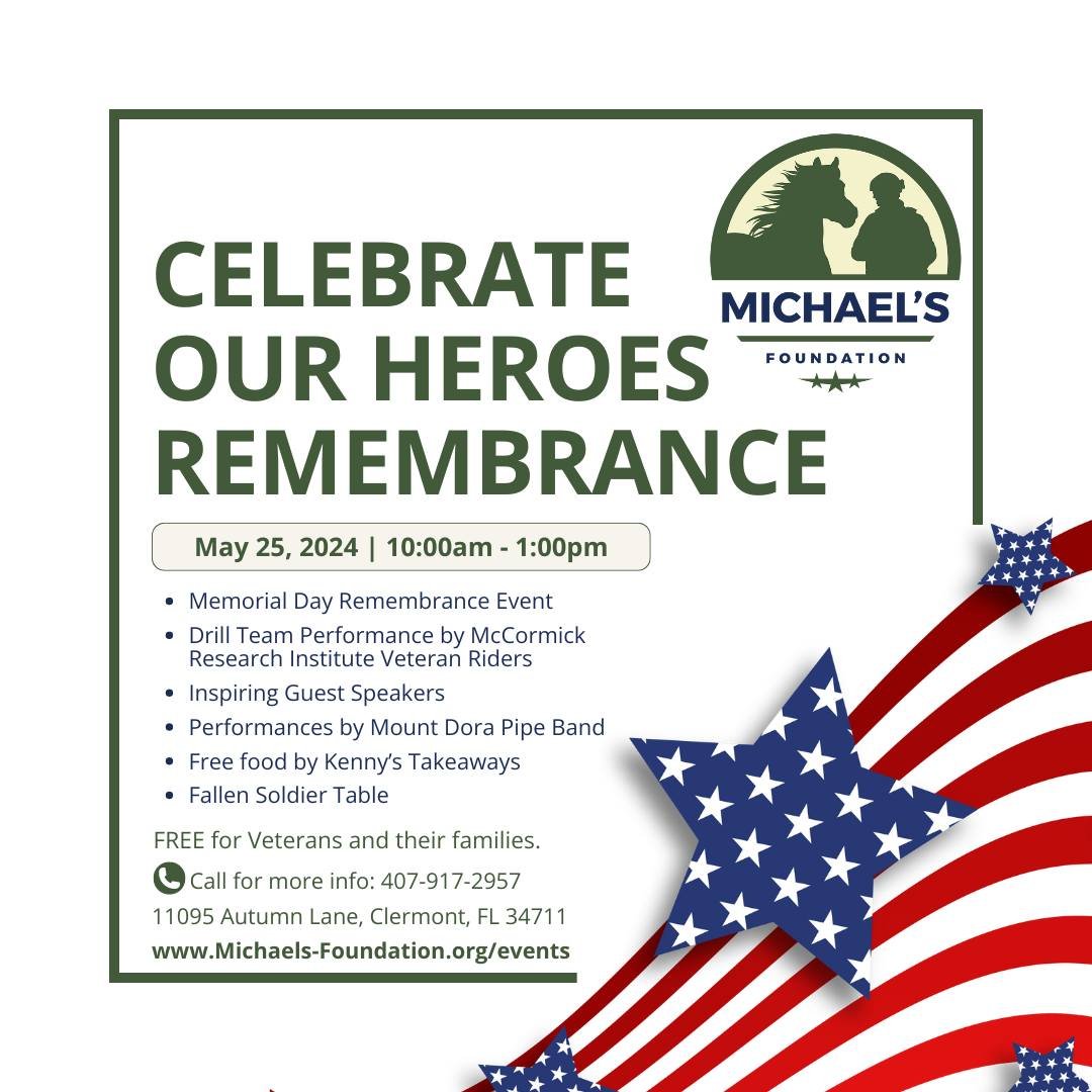 Join us on May 25th from 10:00 a.m. to 1:00 p.m. to honor and remember our heroes.

- Memorial Day Remembrance Event
- Drill Team Performance by McCormick Research Institute Veteran Riders
- Inspiring Guest Speakers
- Performances by Mount Dora Pipe 