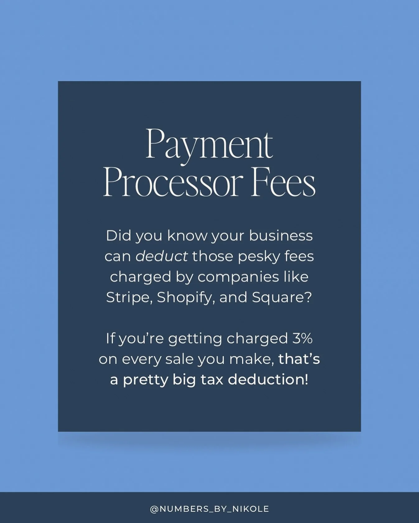 One of the most commonly missed tax deductions I see? 

💳 MERCHANT FEES 💳

Yep, those charges on every single one of your sales are a write-off...

So, why do I see them get missed so often?!

If you aren&rsquo;t accurately recording them in your b
