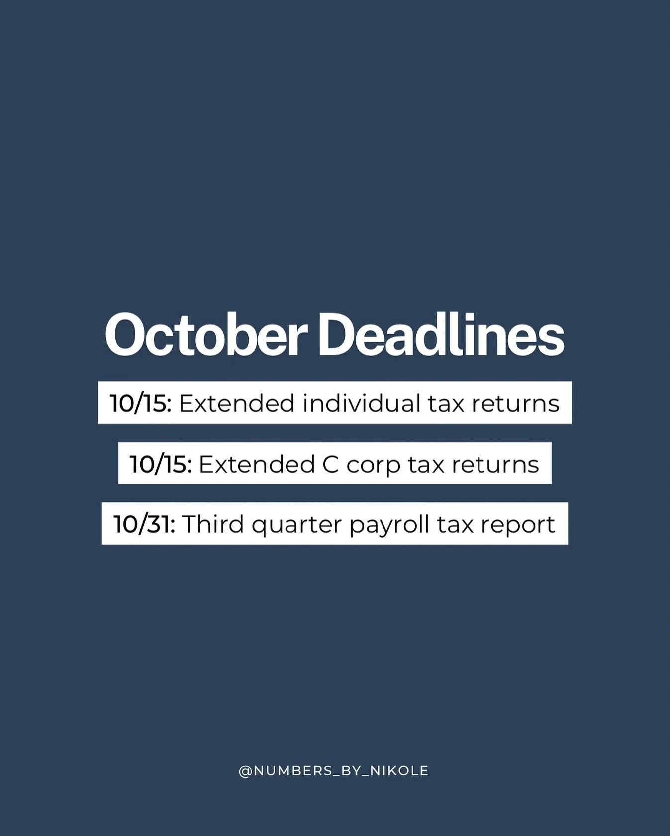October is for tricks, treats, and TAXES! 🎃

📆 October 15 📆 

Extended individual tax returns (Form 1040) and extended calendar-year C corps (Form 1120) are due.

📆 October 31 📆

It&rsquo;s not *just* Halloween, it&rsquo;s also the due date for 