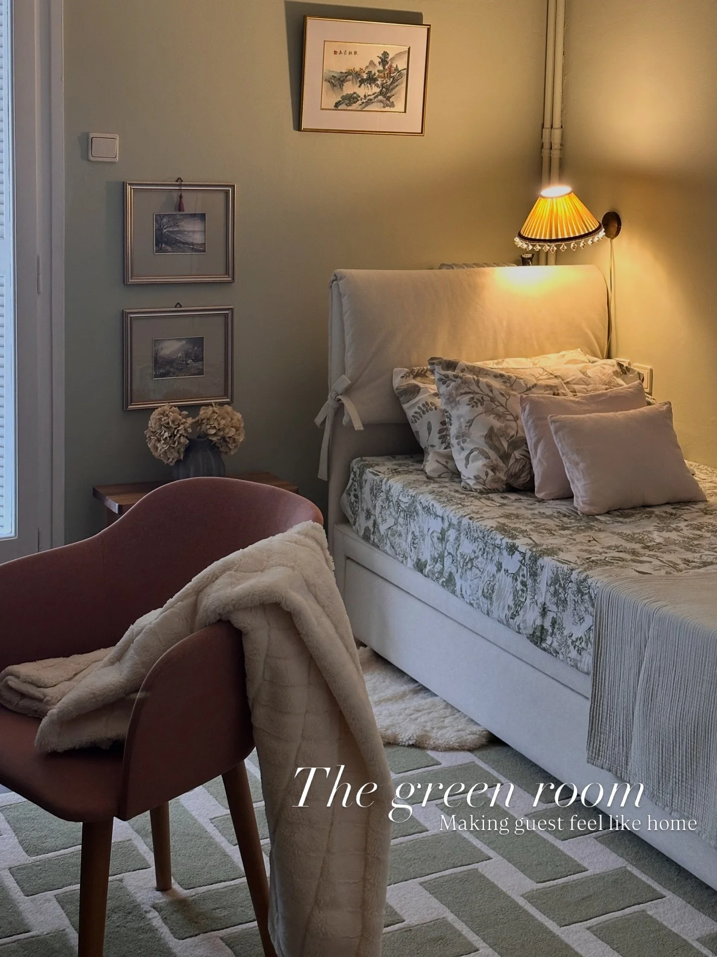 The green room. My guest room and office. 
I&rsquo;ve always loved hosting; there is something deeply comforting in caring for a guest, in the small rituals of prepping the room. Making someone feel at ease, welcomed, and at home, this, to me, is one