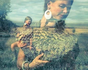A woman and a young girl in a rural outdoor setting, with a superimposed image of the woman holding a large bird, creating a layered effect.