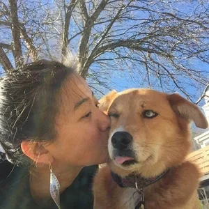 A woman kissing a brown dog on the cheek outdoors on a sunny day.