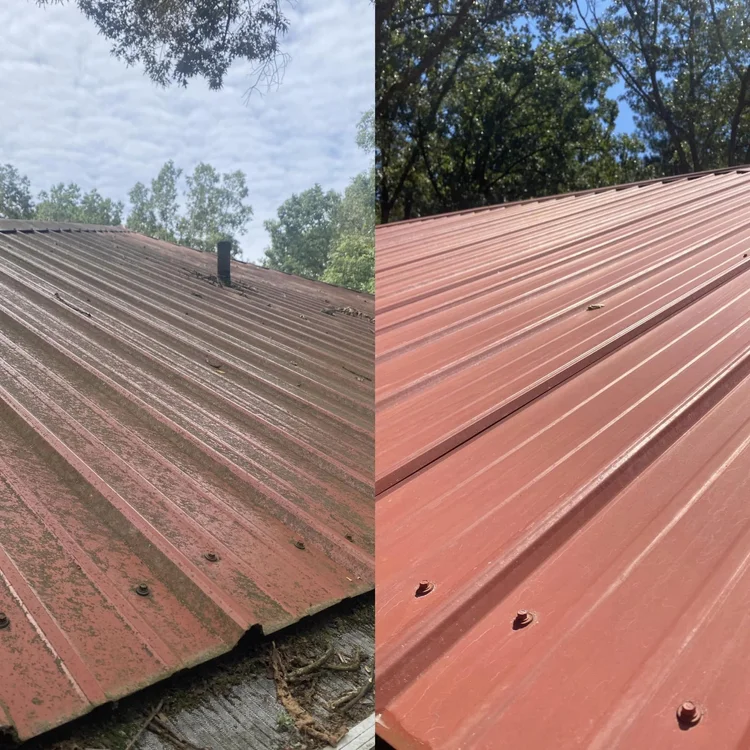 Clean metal roof after soft washing