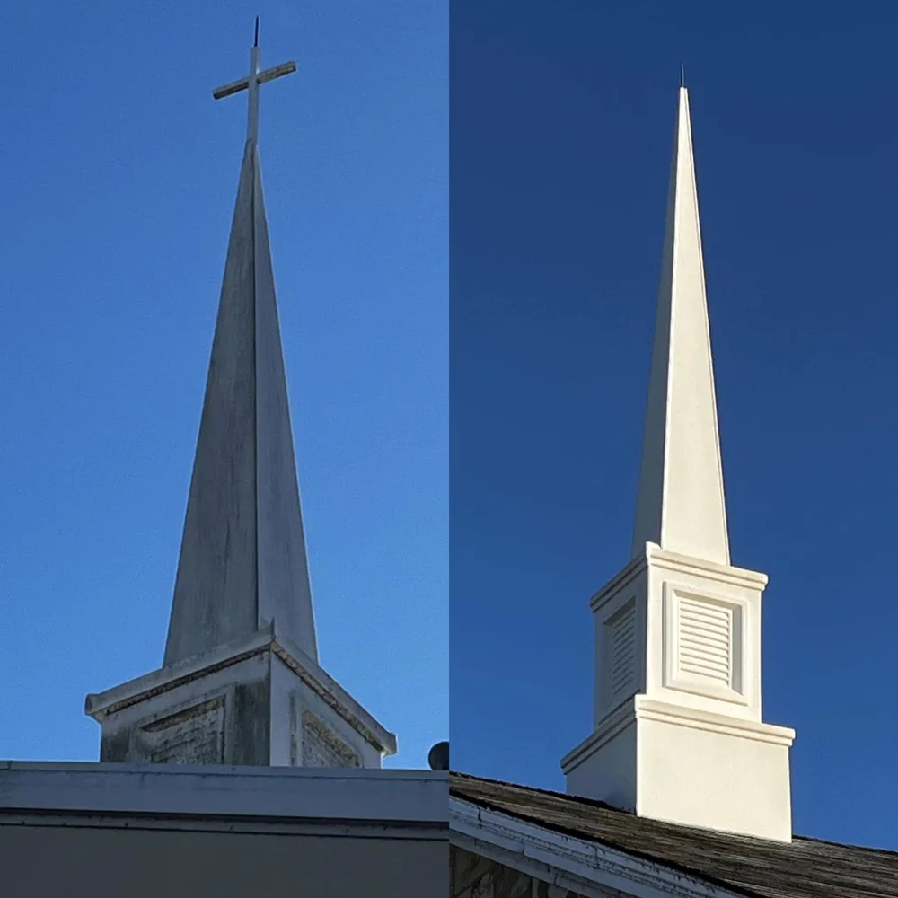 Church steeple before and after soft washing