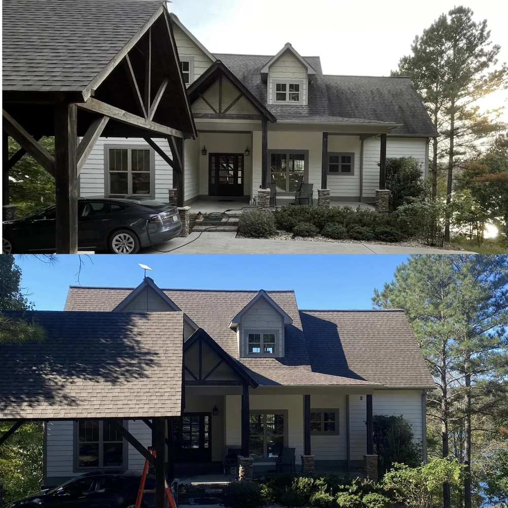 Two-story home roof before and after soft washing