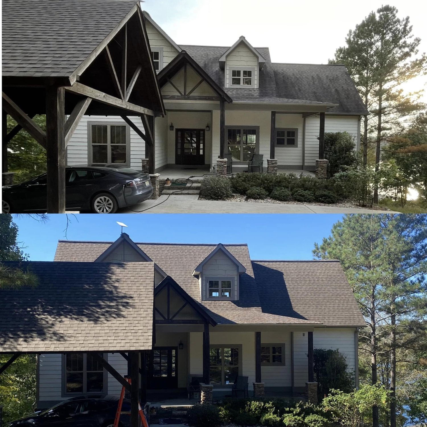 Shingle roof on a two-story home before and after soft washing