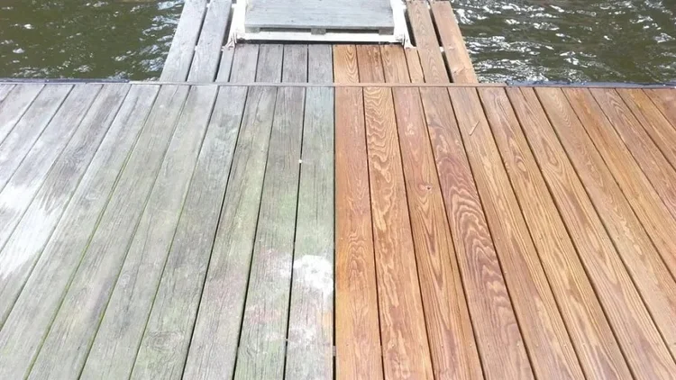 Boat dock boards before and after pressure washing