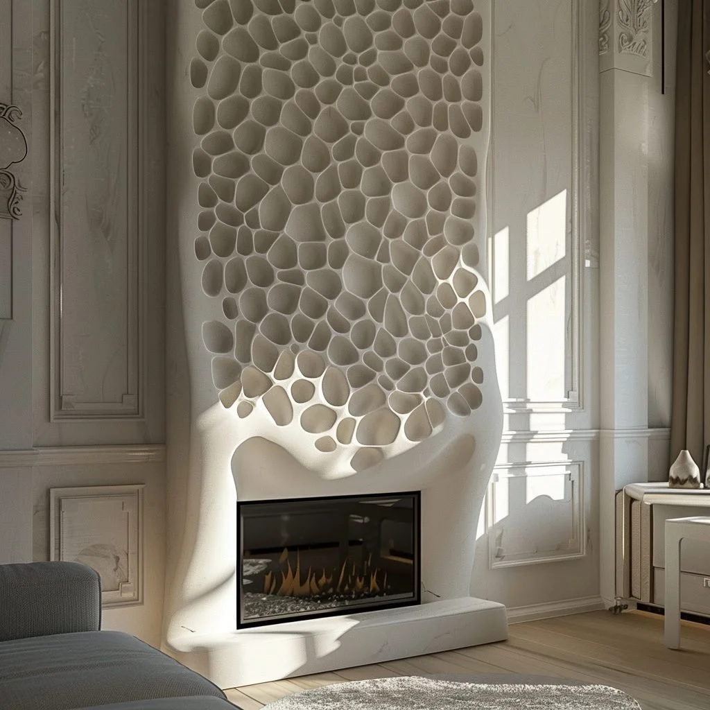 Modern living room with a unique white fireplace featuring a honeycomb pattern and lit with a fireplace insert, sunlight streaming through a window