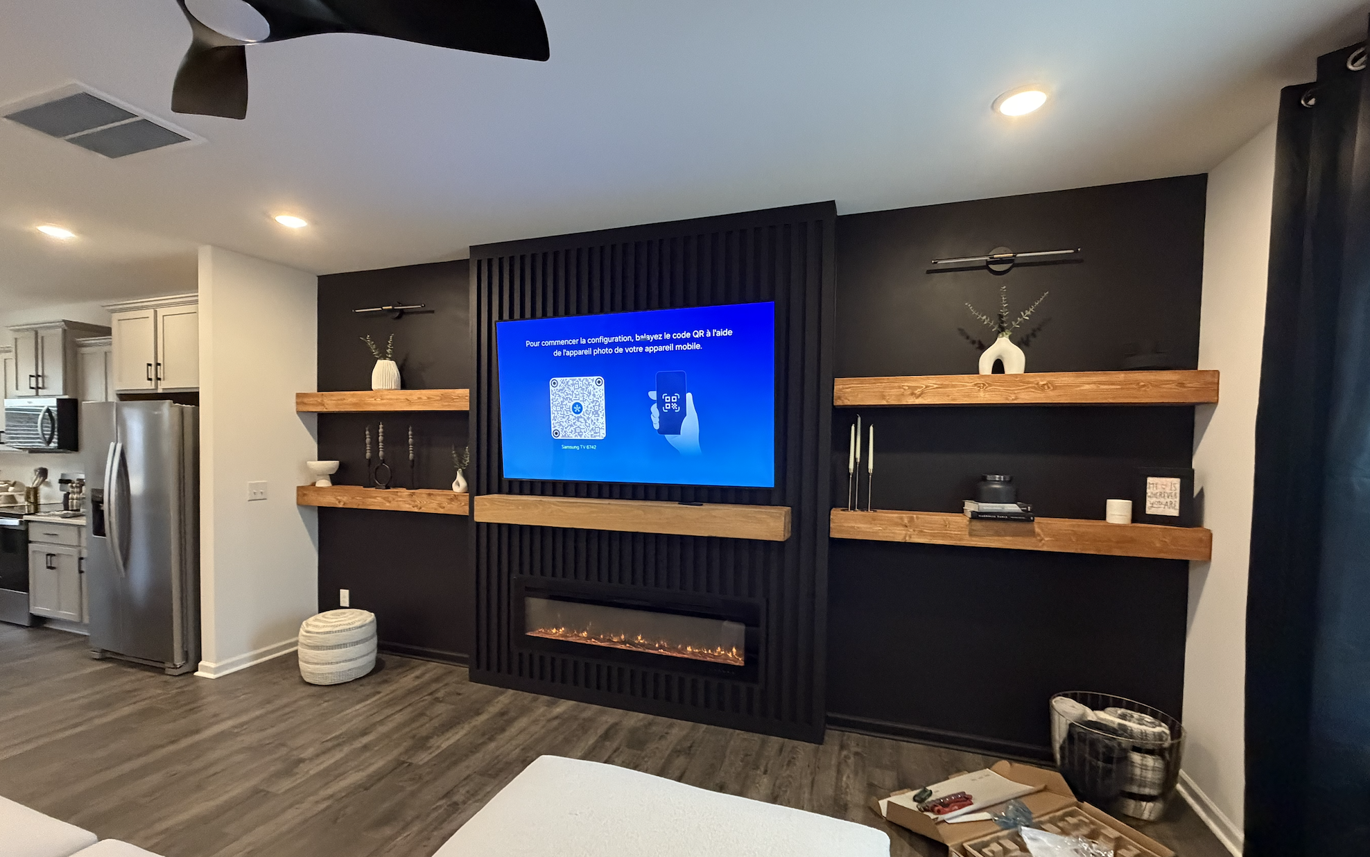 Custom Black Media Wall With Fireplace in a New Construction Townhouse — Charlotte, NC