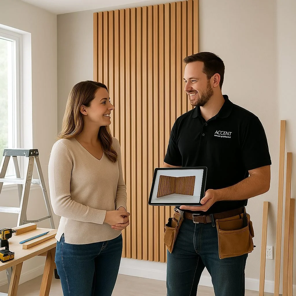 A woman and a man discussing interior wall design, with the man holding a tablet showing a picture of a wooden slat wall design, in a room with construction tools and wooden wall panels.