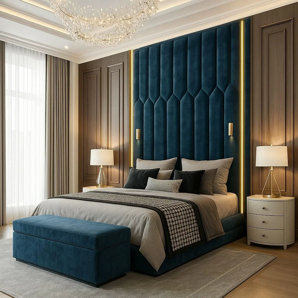 A luxurious bedroom with a large bed featuring a tall, deep blue velvet headboard with gold accents. The room has beige walls with wooden paneling, cream-colored curtains, a chandelier, and two white nightstands with matching table lamps. There is a blue upholstered bench at the foot of the bed and a light gray area rug on the wooden floor.