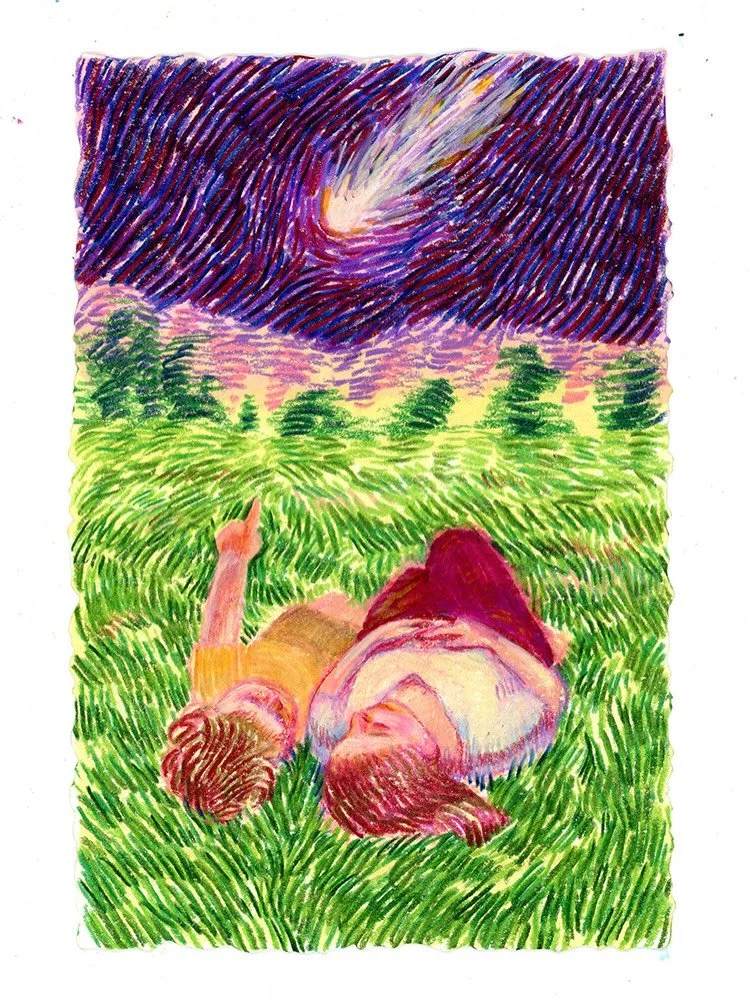 Blink, and you&rsquo;ll miss it // colored pencil on 4x6 cotton paper. 

from my latest collection of drawings, One Eye on the Sky. Available Wednesday, July 29