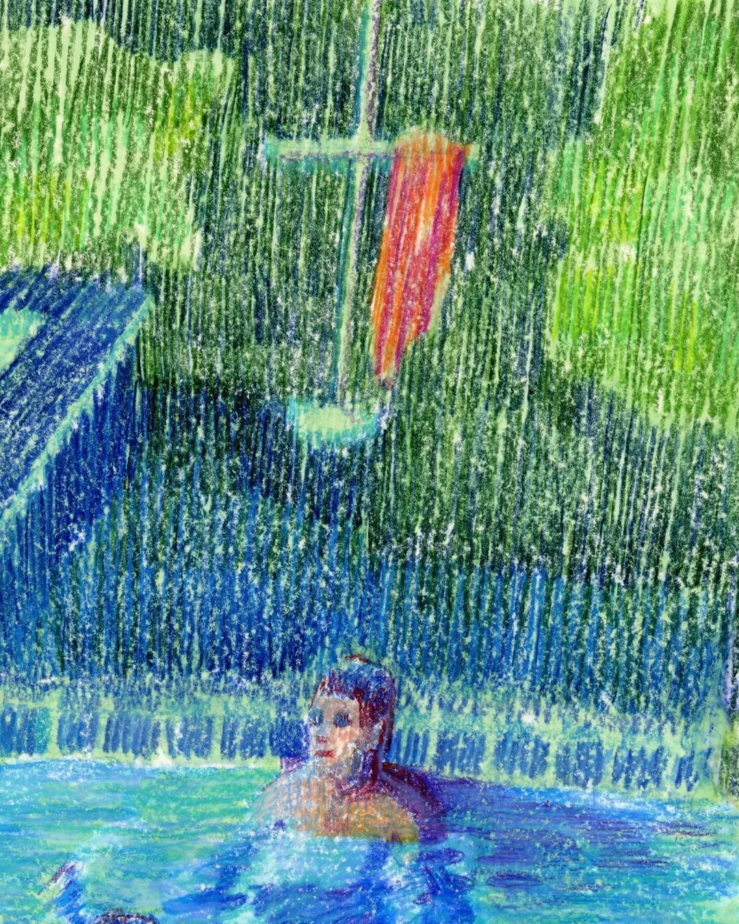 Schools may have started, but it&rsquo;s still summer to me. 

Night Swimmers. Colored pencil on handmade 9x12 cotton paper.