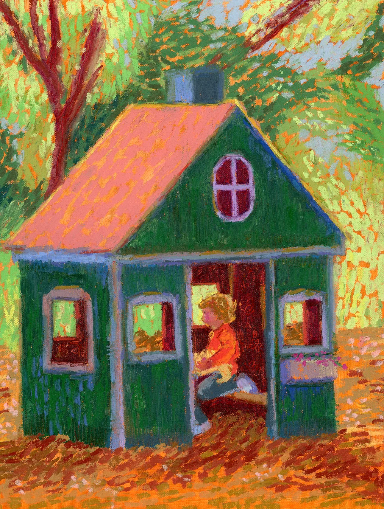 An impressionist painting of a small green playhouse with a pinkish-orange roof and a window on the second floor. A young child with blonde hair, wearing an orange shirt, is sitting inside the playhouse. The ground is covered with autumn leaves, and a large tree with yellow and green foliage is visible behind the house.