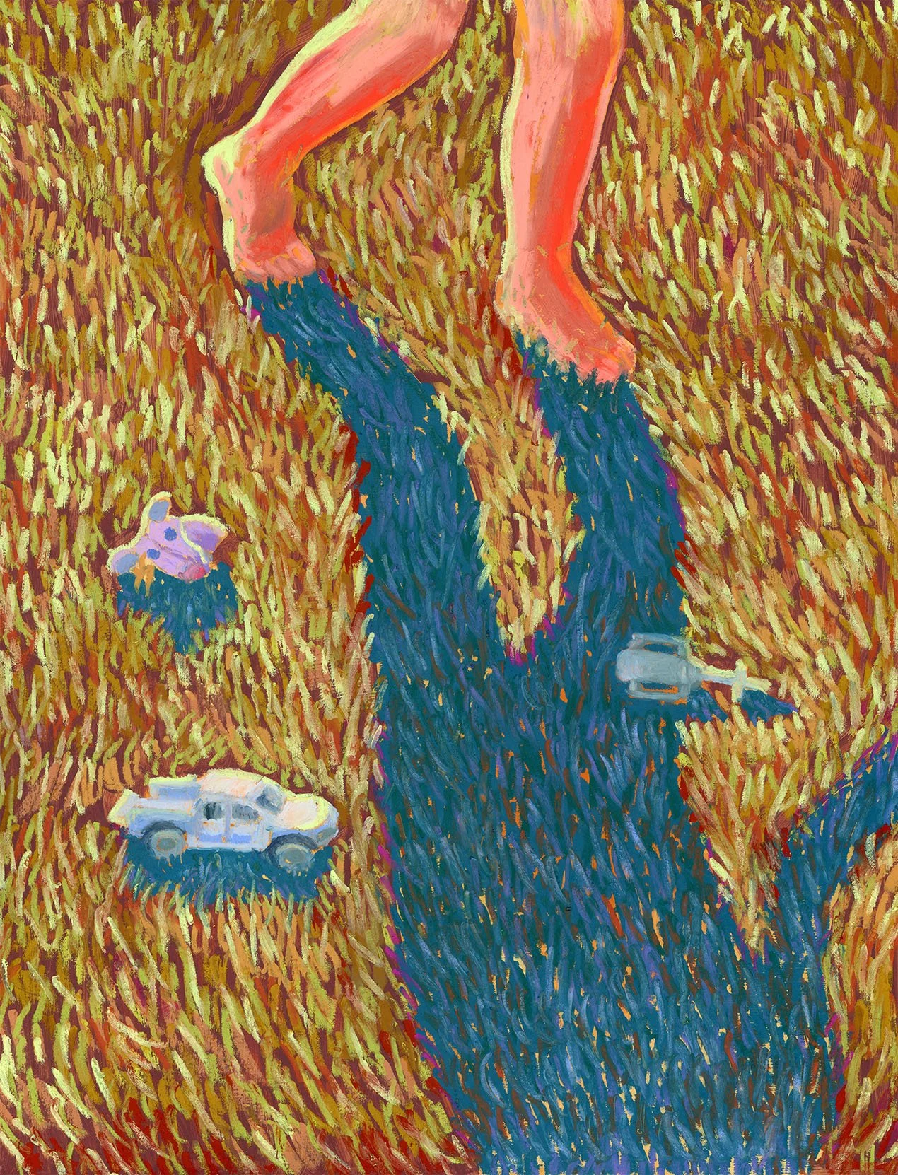 A cropped abstract painting of a child's legs running on a brown grassy field. Two white toy cars and a mouse stuffed animal are also depicted in the grass near the child's feet.