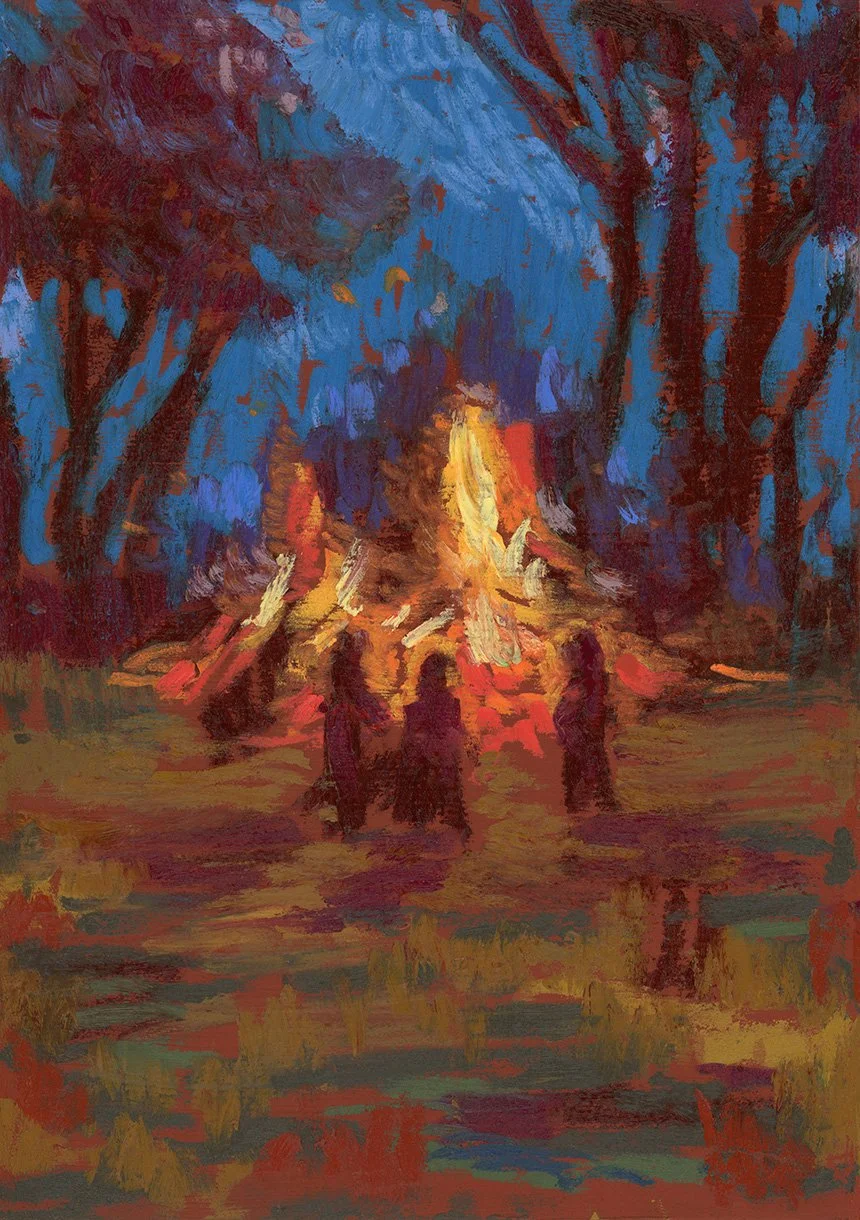 An impressionist-style painting of a campfire in a wooded area at dusk with four silhouetted people sitting around the fire.