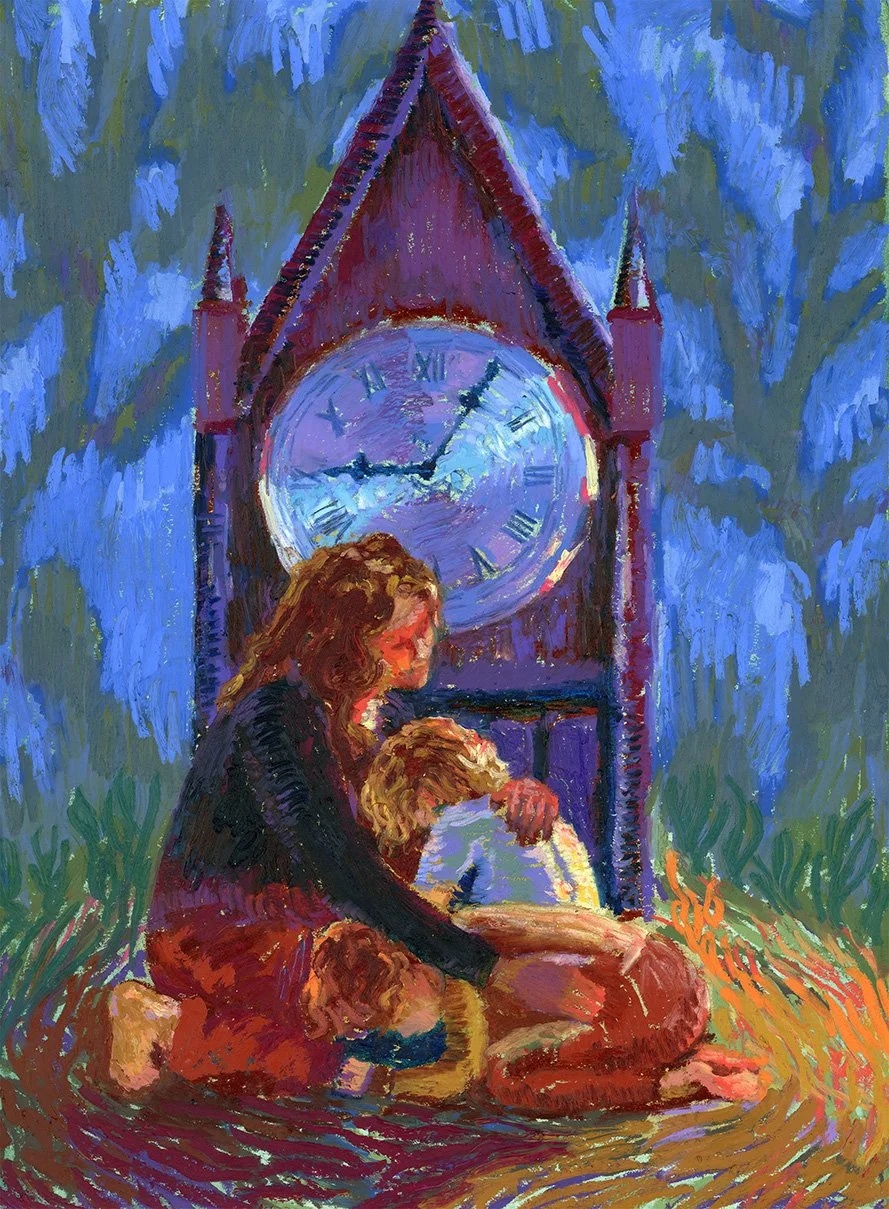 An impressionist painting of a woman sitting on the ground embracing her children, against a large clock tower, evening setting with colorful, textural marks.