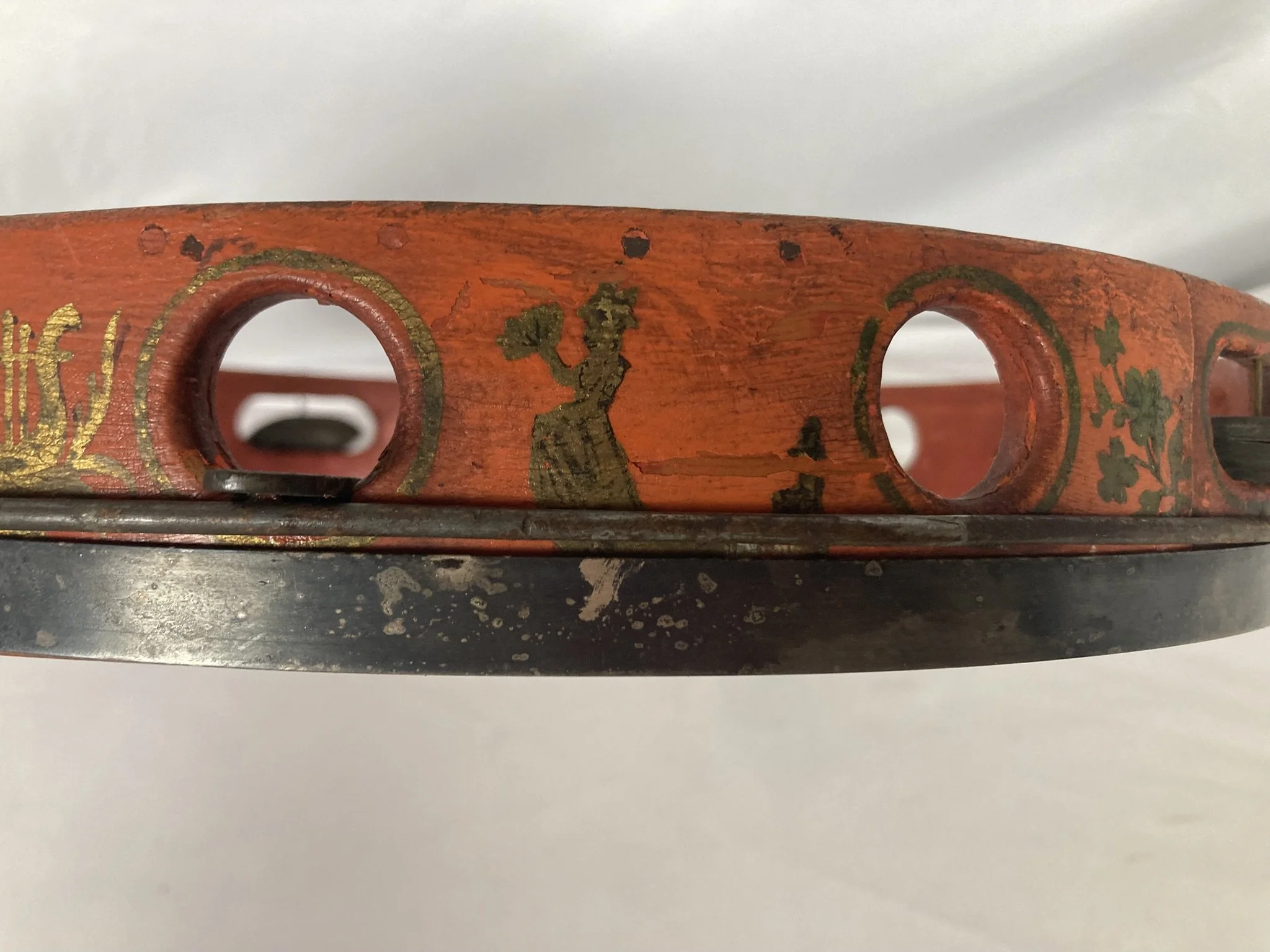 Antique French tambour de basque by Millereau of Paris, vermilion painted shell with gilt decoration