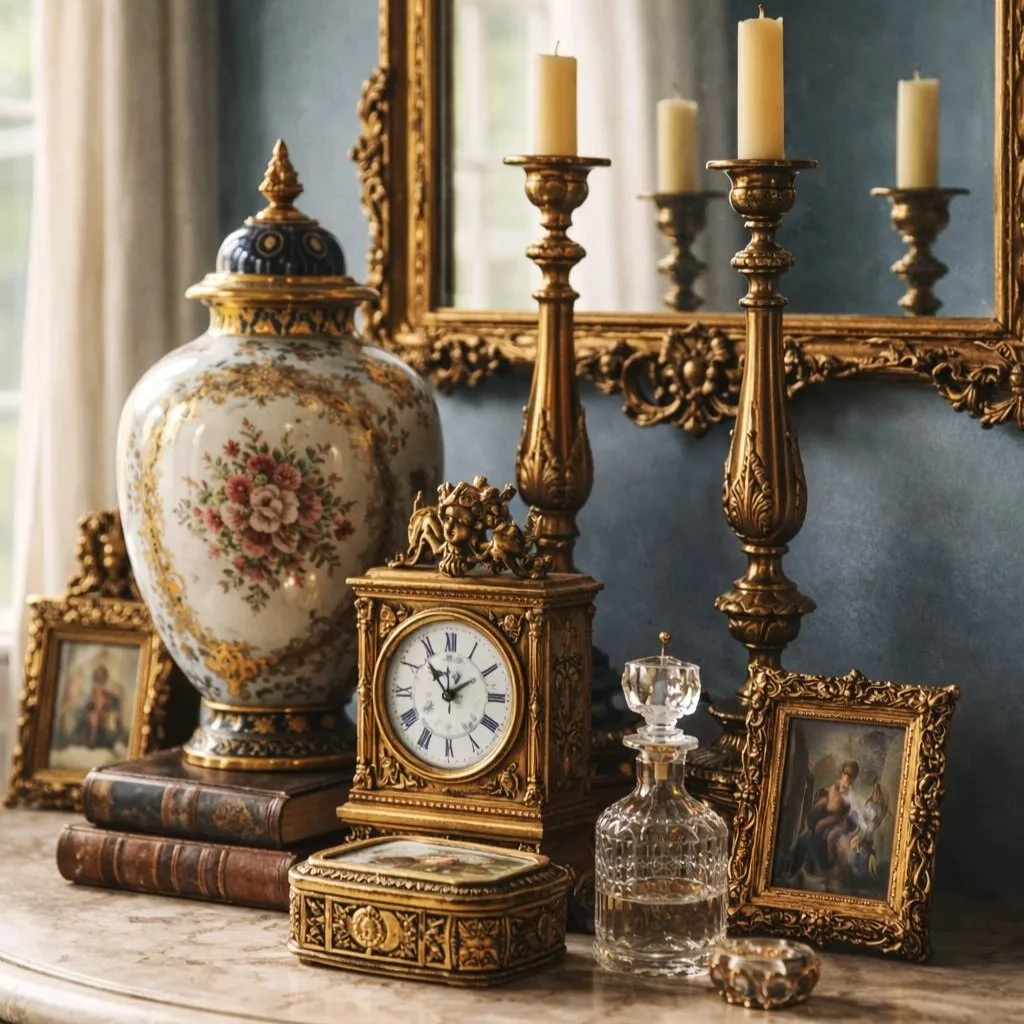 Distinguished assemblage of 18th and 19th-century European objets d'art including gilt bronze mantel clocks, Sèvres porcelain urns, ecclesiastical candlesticks, and miniature portrait paintings