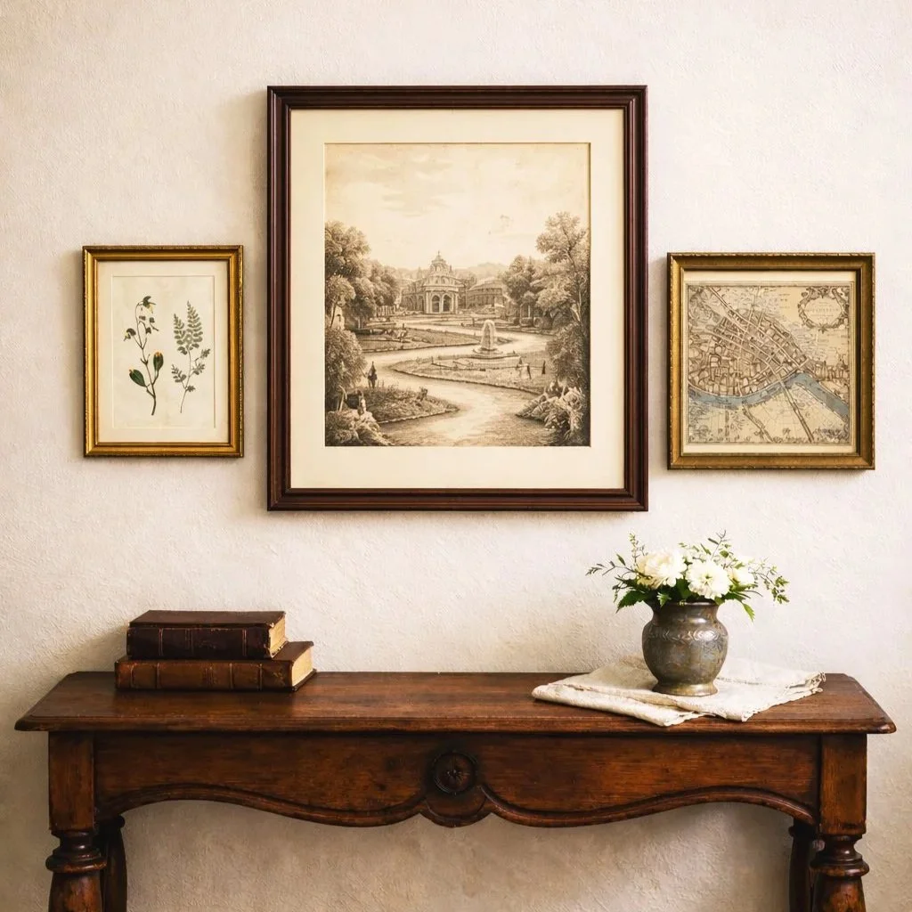 Curated arrangement of museum-quality antique prints in period-appropriate frames, elegantly displayed above a French provincial console table with carved apron