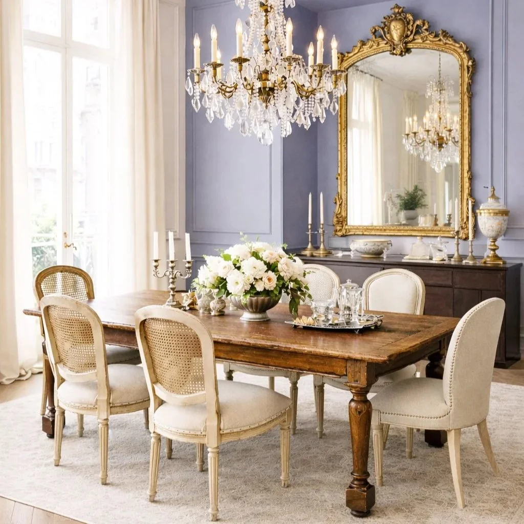 dining room appointed with rustic French farmhouse table, suite of Louis XVI cane-back dining chairs, empire crystal chandelier, and monumental giltwood trumeau mirror