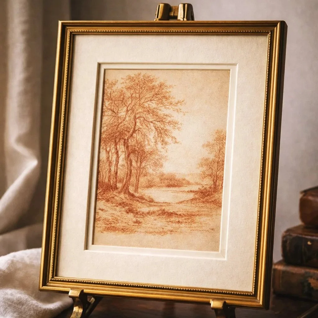 Old Master landscape drawing rendered in sepia wash, presented in museum-quality gilt frame with hand-applied gold leaf detailing