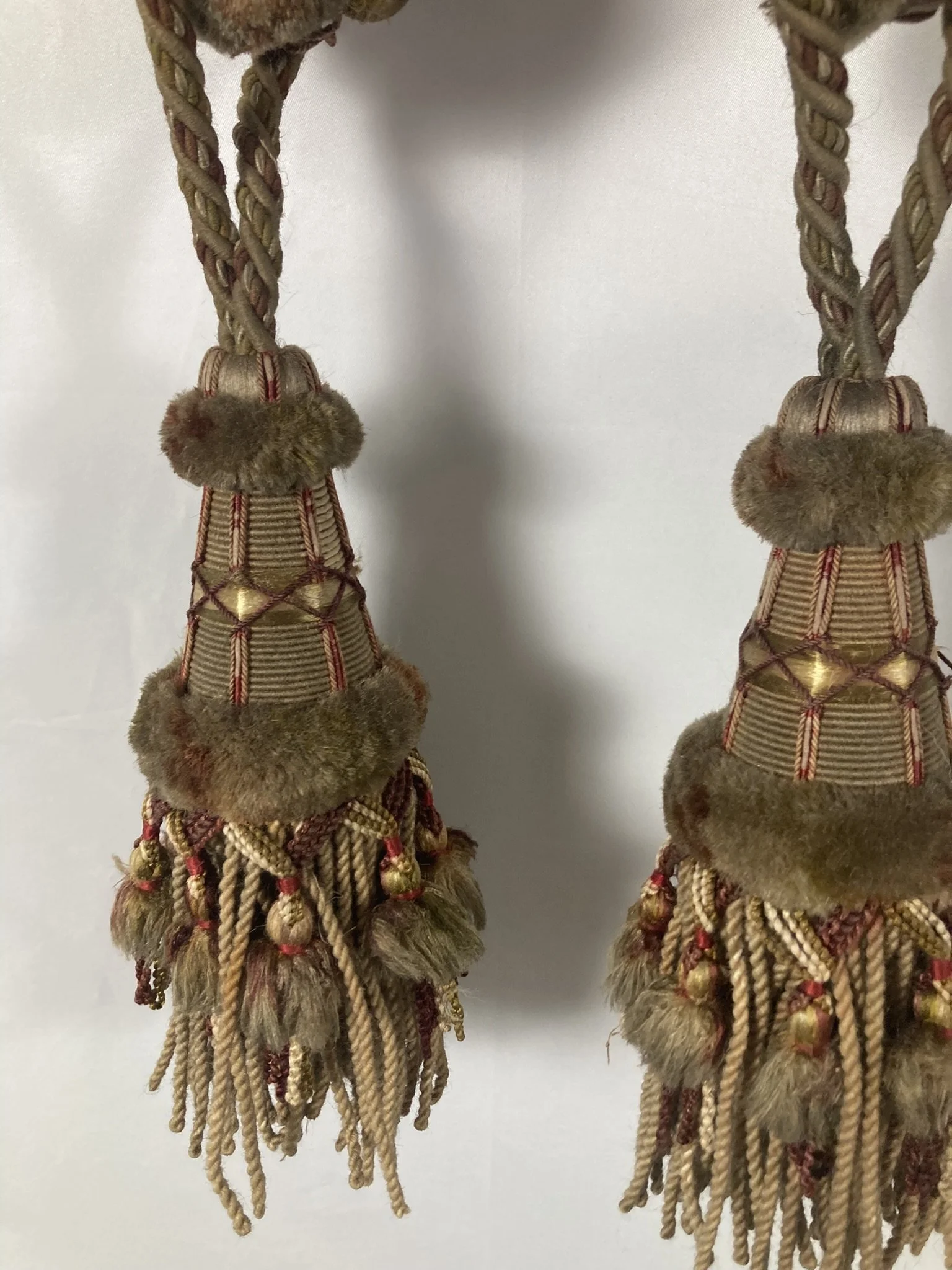 Pair of French Chateau Passementerie Curtain Tiebacks with Velvet Ruffs and Gold Lattice