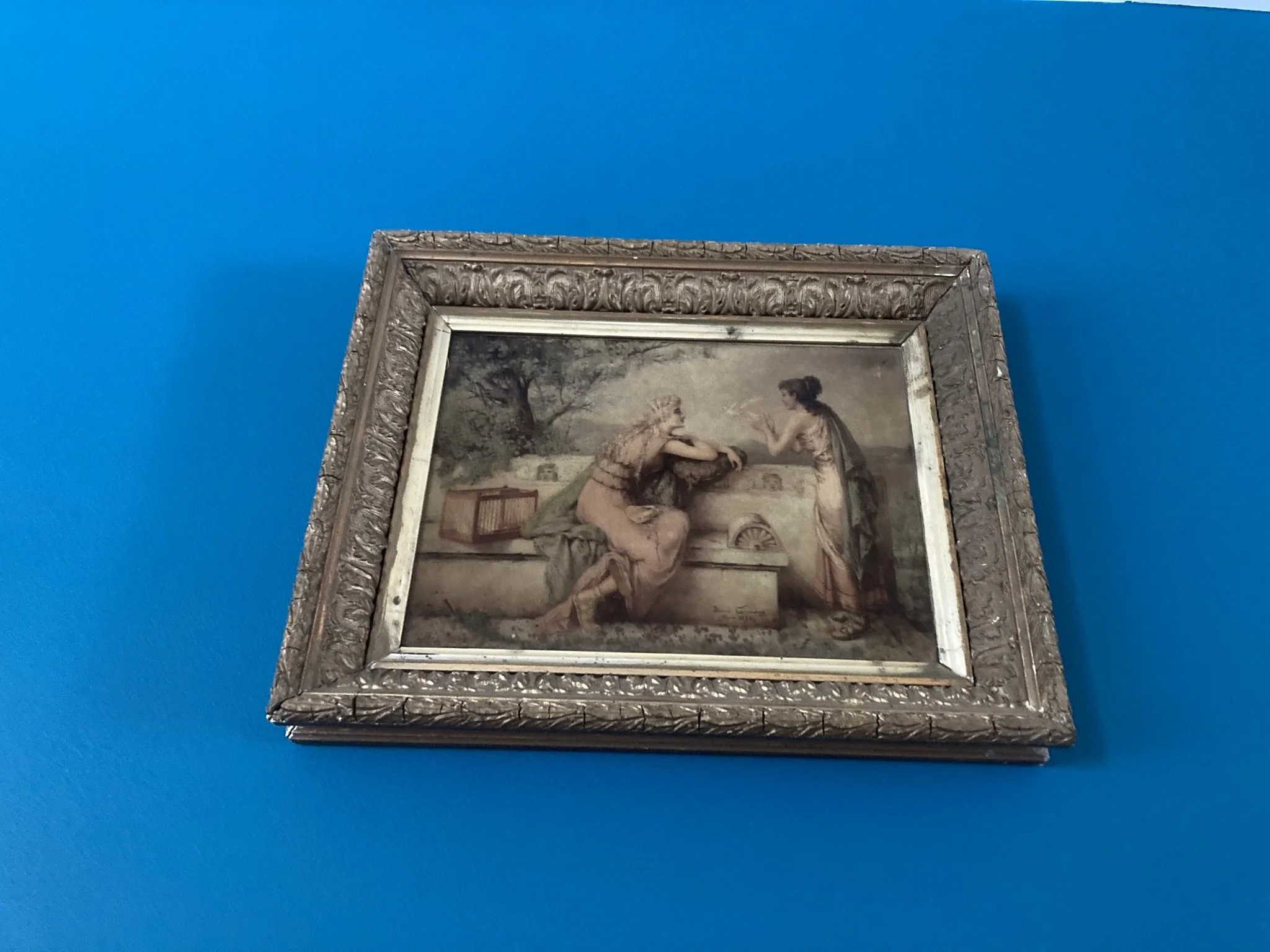 Diana Coomans Le Messager de l'Amour 1890 signed reverse glass oil painting in period gilt frame, Academic Romantic school | jacobtrudaine.com