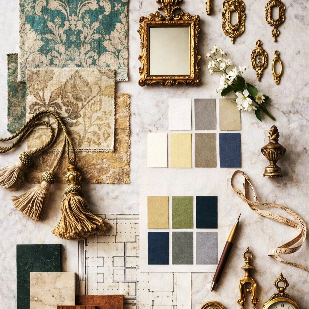 Interior designer mood board featuring antique fabric samples, color swatches, material samples, and decorative brass elements for trade professionals