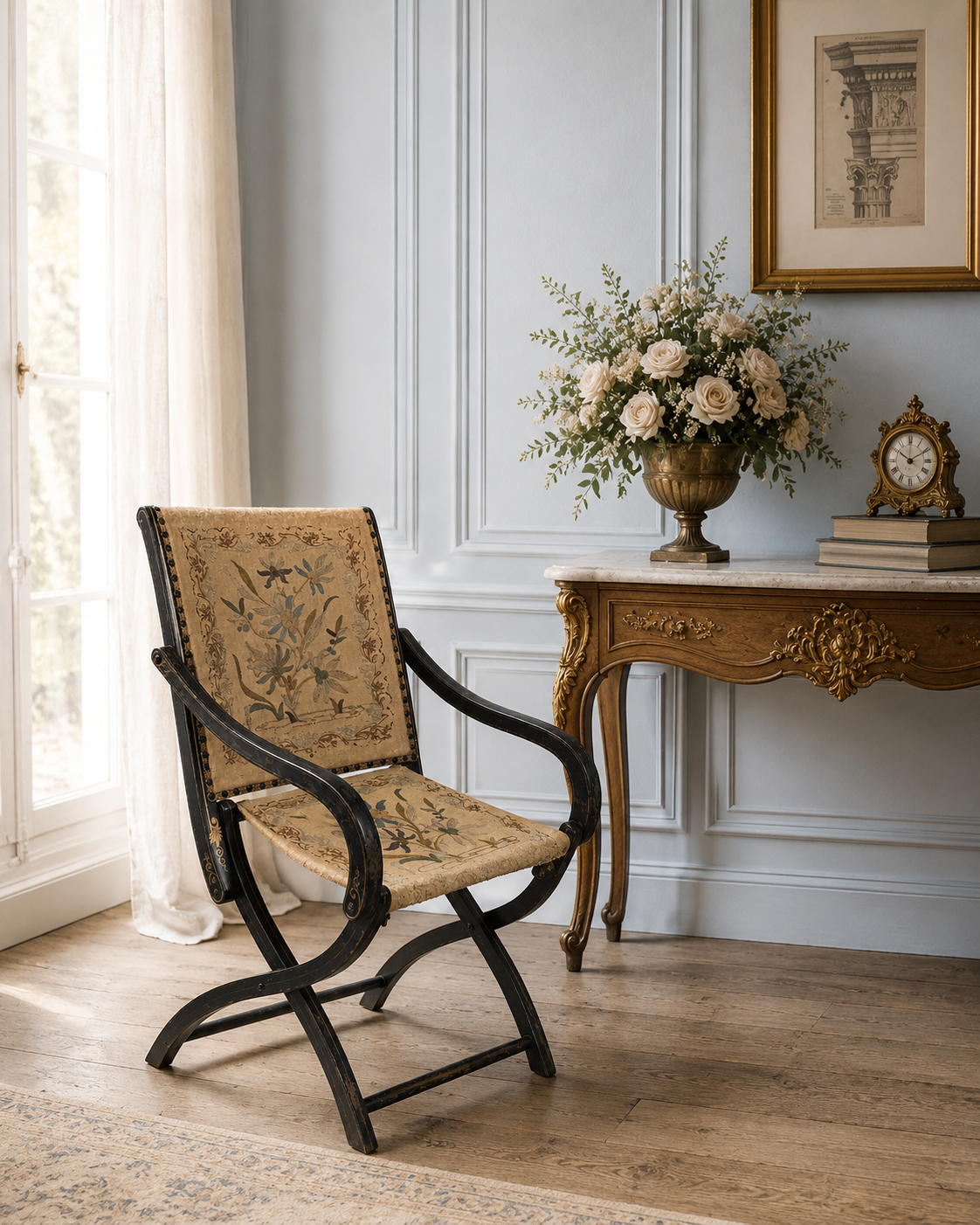 French Folding Armchair, Napoleon III Period (Second Empire), Original Crewelwork Upholstery, circa 1860–1875