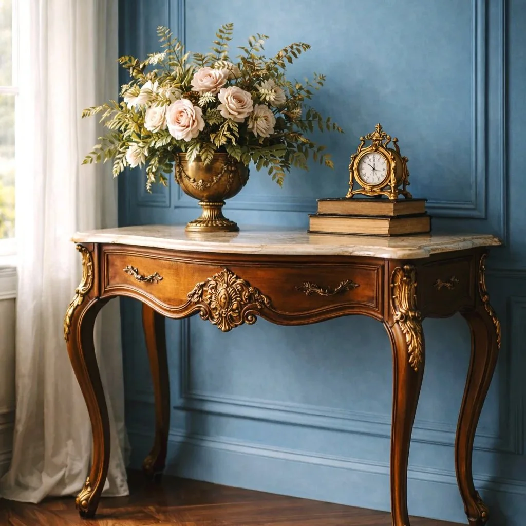 Exceptional Louis XV giltwood console table with serpentine marble top, featuring hand-carved rocaille ornament and displayed with period accessories including ormolu clock and porcelain floral arrangement