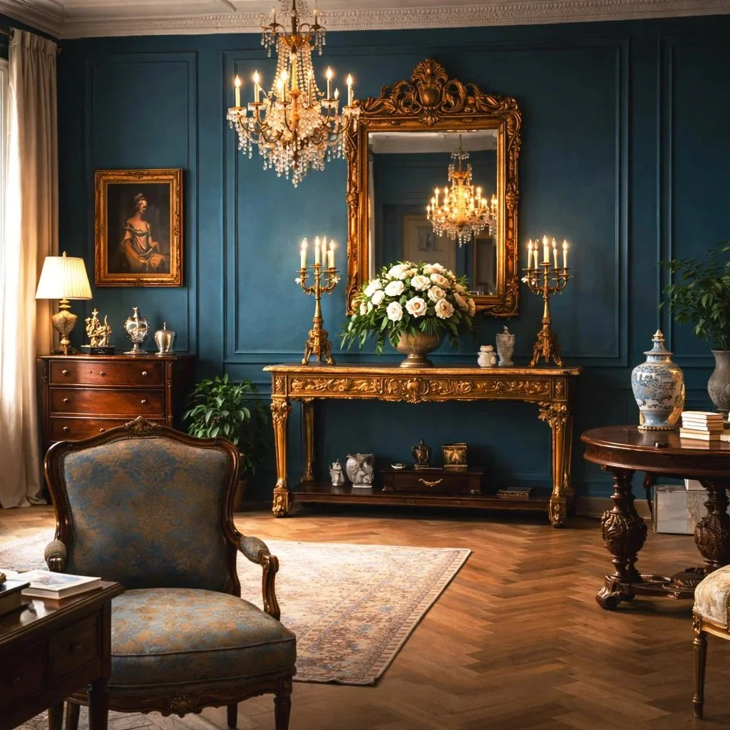 Distinguished library setting with emerald paneled walls, ornate giltwood mirror, crystal chandelier, French commode, and gallery of ancestral portraits with Oriental ceramics