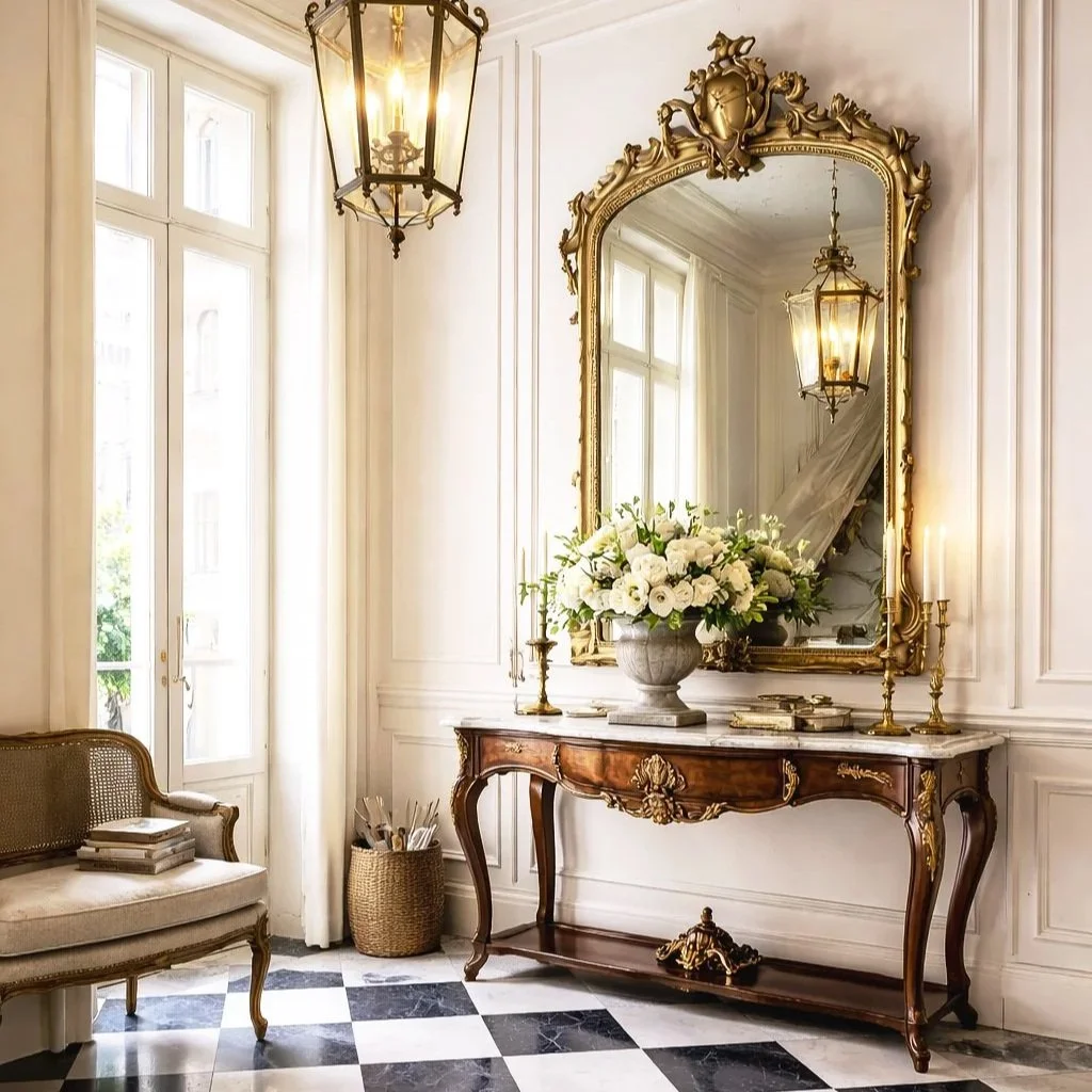 Grand entrance hall featuring black and white checkered marble flooring, Louis XVI giltwood console beneath an ornate pier mirror, and matching crystal wall sconces