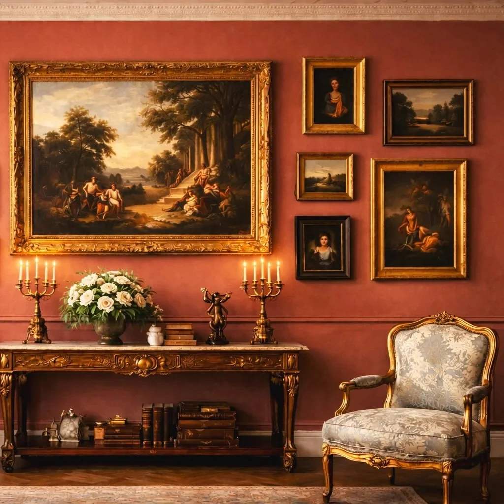 Salon-style gallery wall on Venetian red walls displaying significant 18th-century landscape painting surrounded by period portraits and maritime scenes, above French console