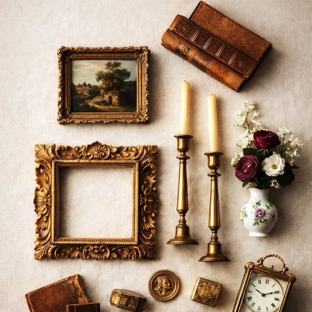 Curated flat lay of newly acquired European antiques including ornate gilt frames, brass candlesticks, vintage books, and fresh flowers on neutral surface