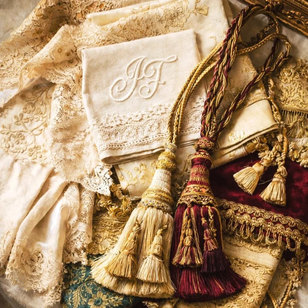 Elegant collection of antique European textiles including silk tassels, passementerie trims, embroidered table linens, and delicate vintage lace