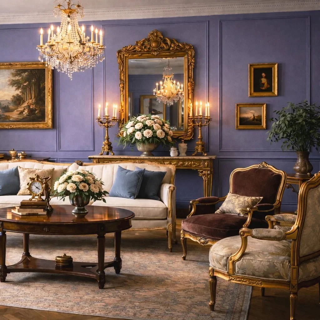 Refined sitting room with periwinkle silk wall covering, monumental giltwood mirror, empire crystal chandelier, Louis XVI fauteuils, and marble-topped console displaying porcelain