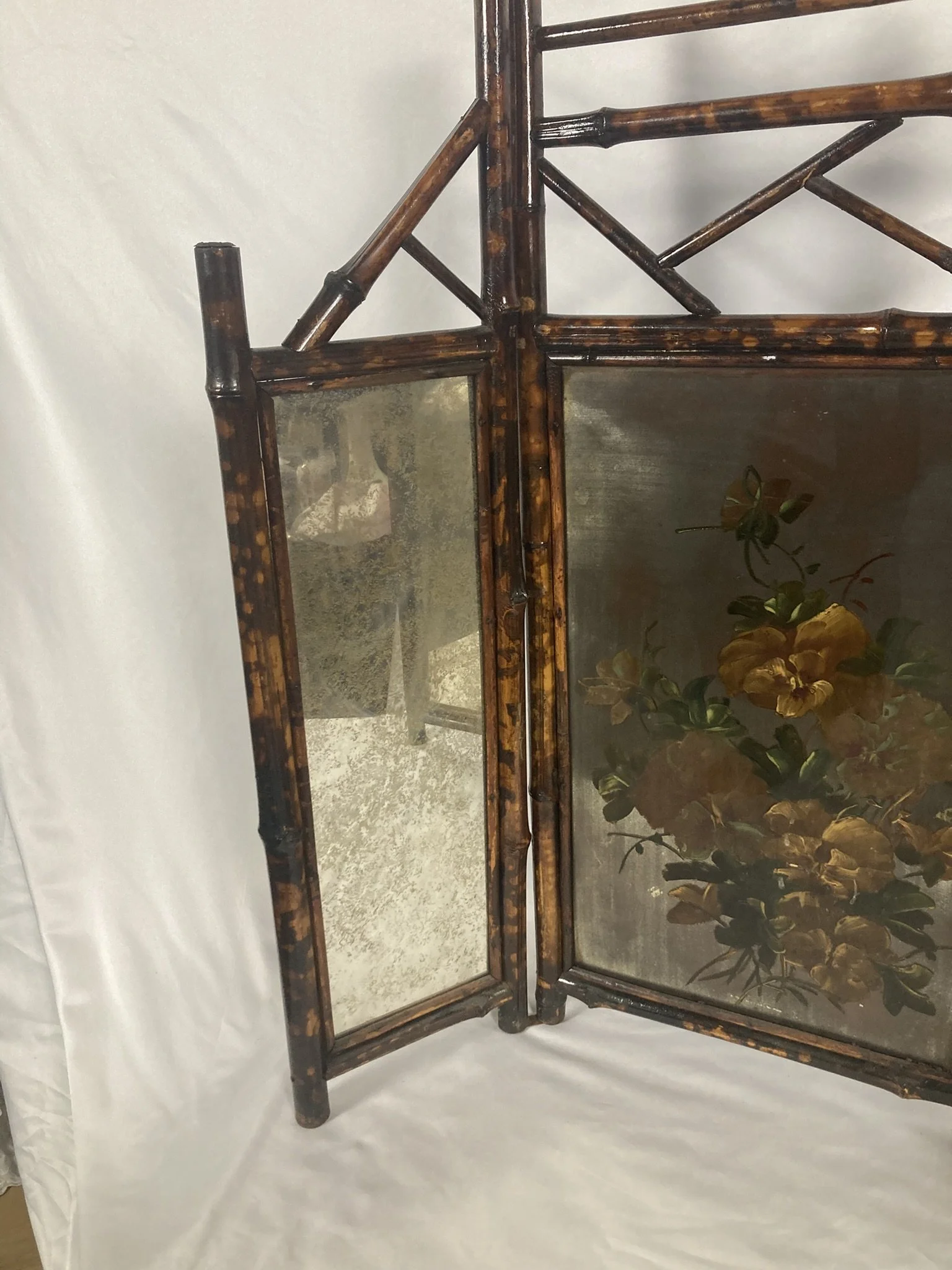 Antique Victorian Aesthetic Movement Bamboo Folding Fire Screen — Hand-Painted Panel