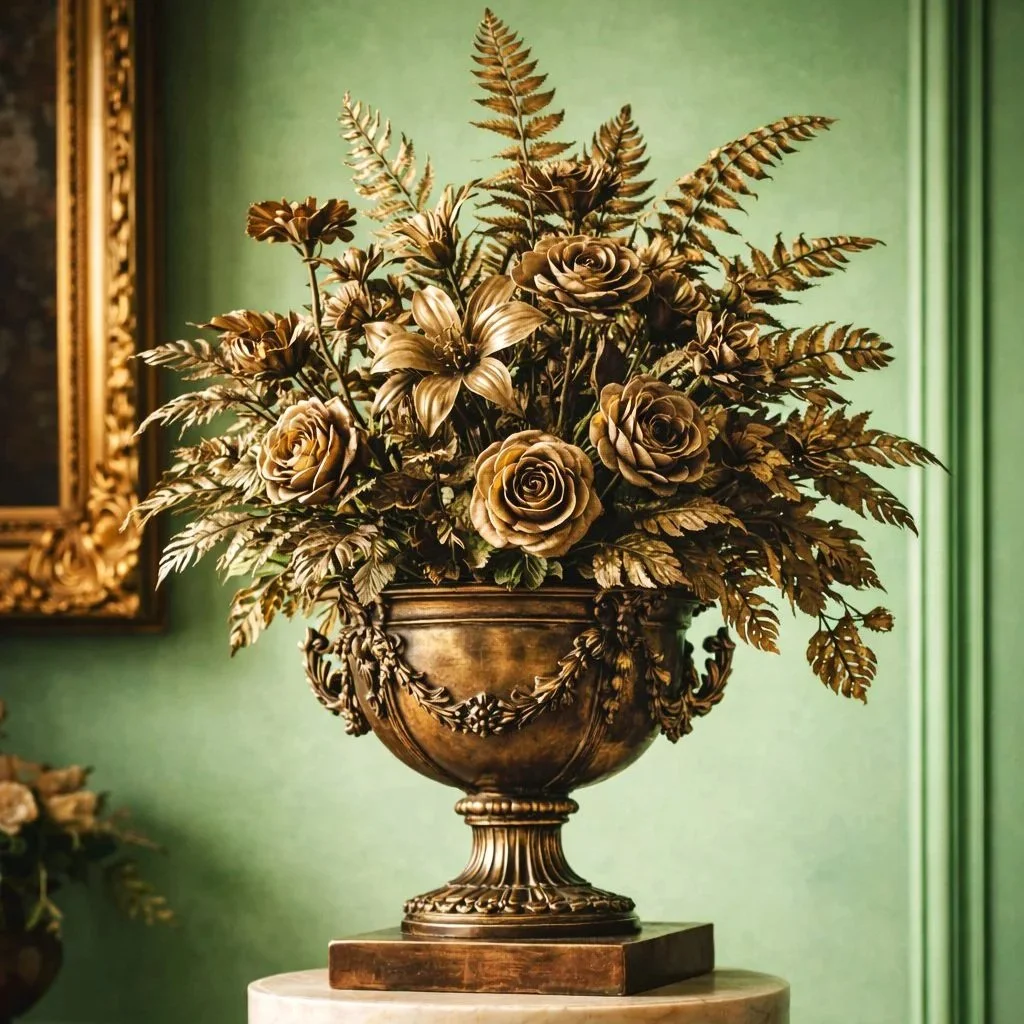 Magnificent French neoclassical gilt bronze urn adorned with scrolling acanthus leaves and filled with preserved botanical specimens, displayed against hand-painted paneled walls