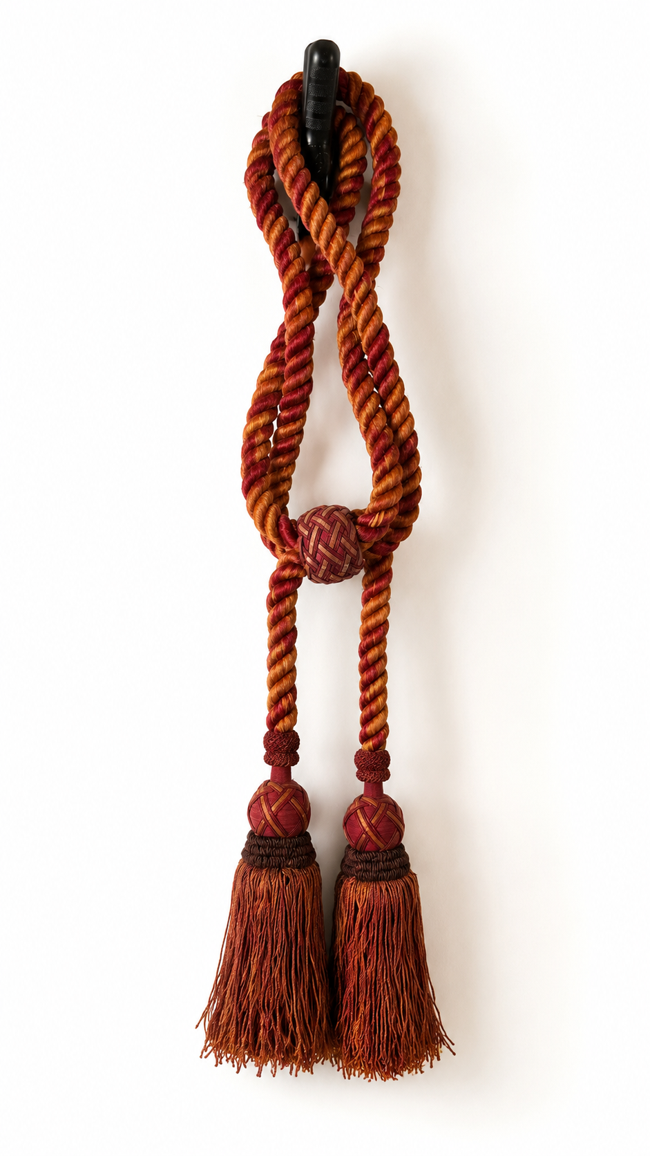 Antique French silk passementerie tieback with two lattice-head tassels, rust and gold color-shifting silk
