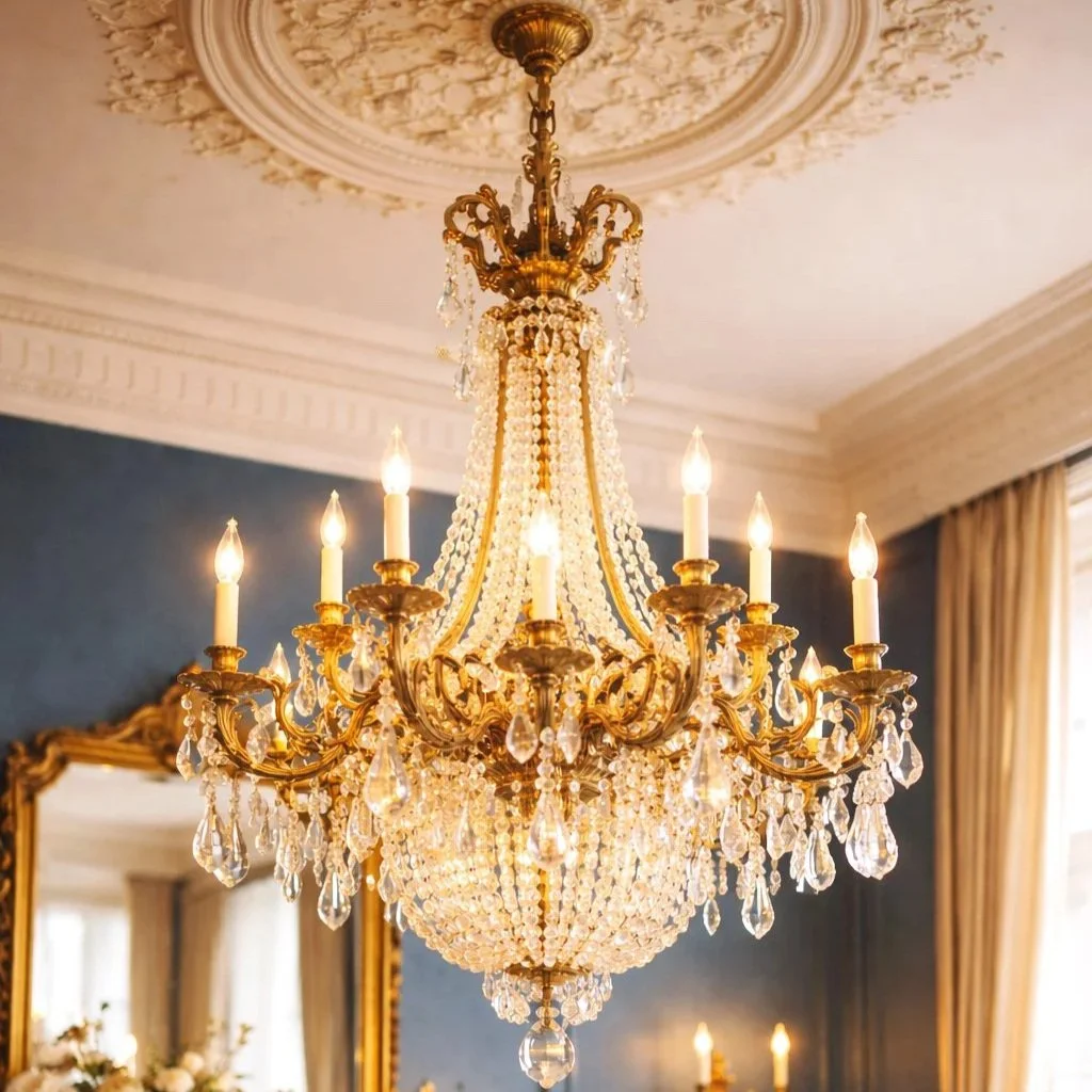 Magnificent French Empire crystal and gilt bronze chandelier with cascading prismatic pendants, suspended from an ornate plaster ceiling medallion in a period-appropriate interior