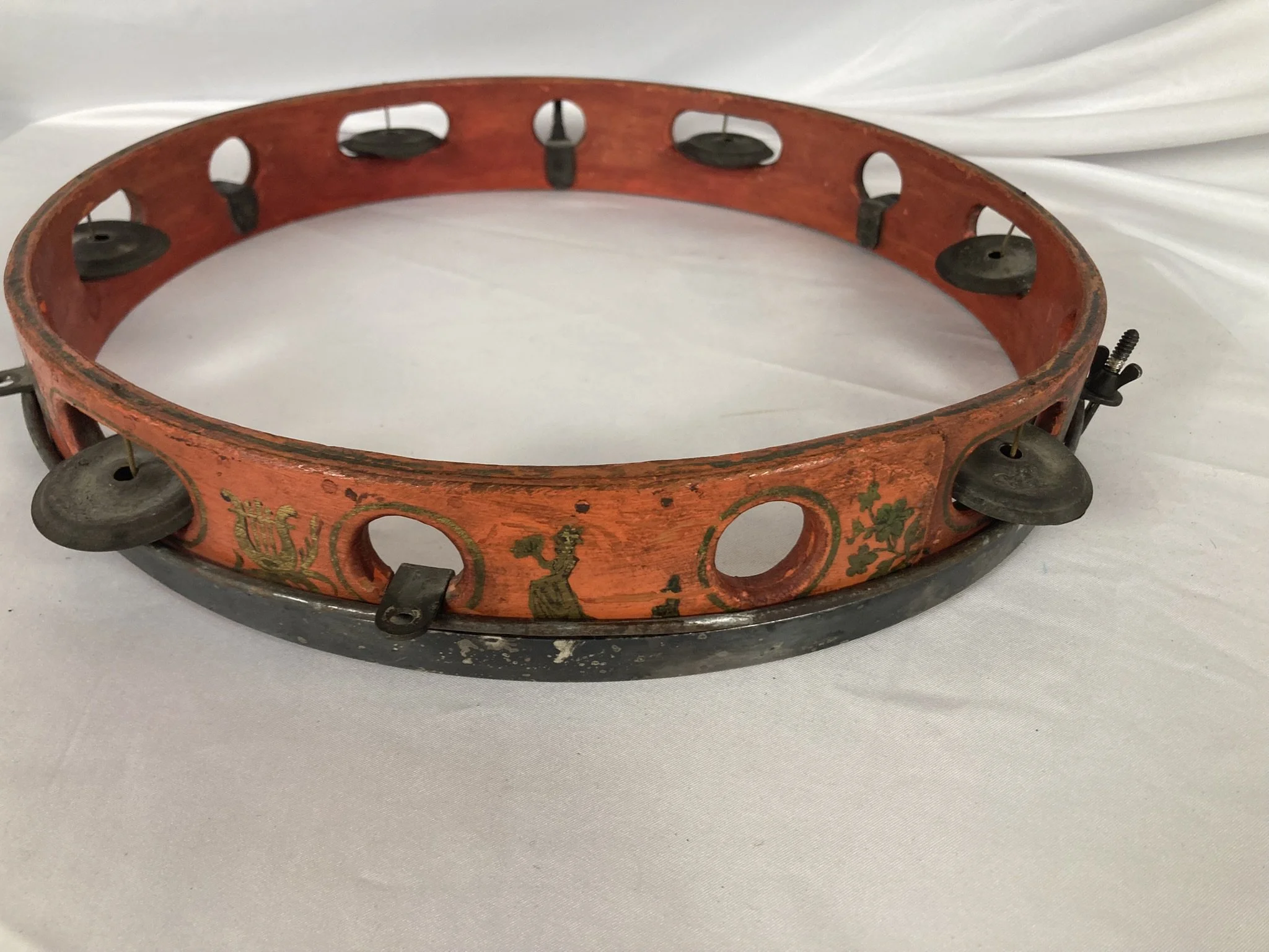Antique French tambour de basque by Millereau of Paris, vermilion painted shell with gilt decoration