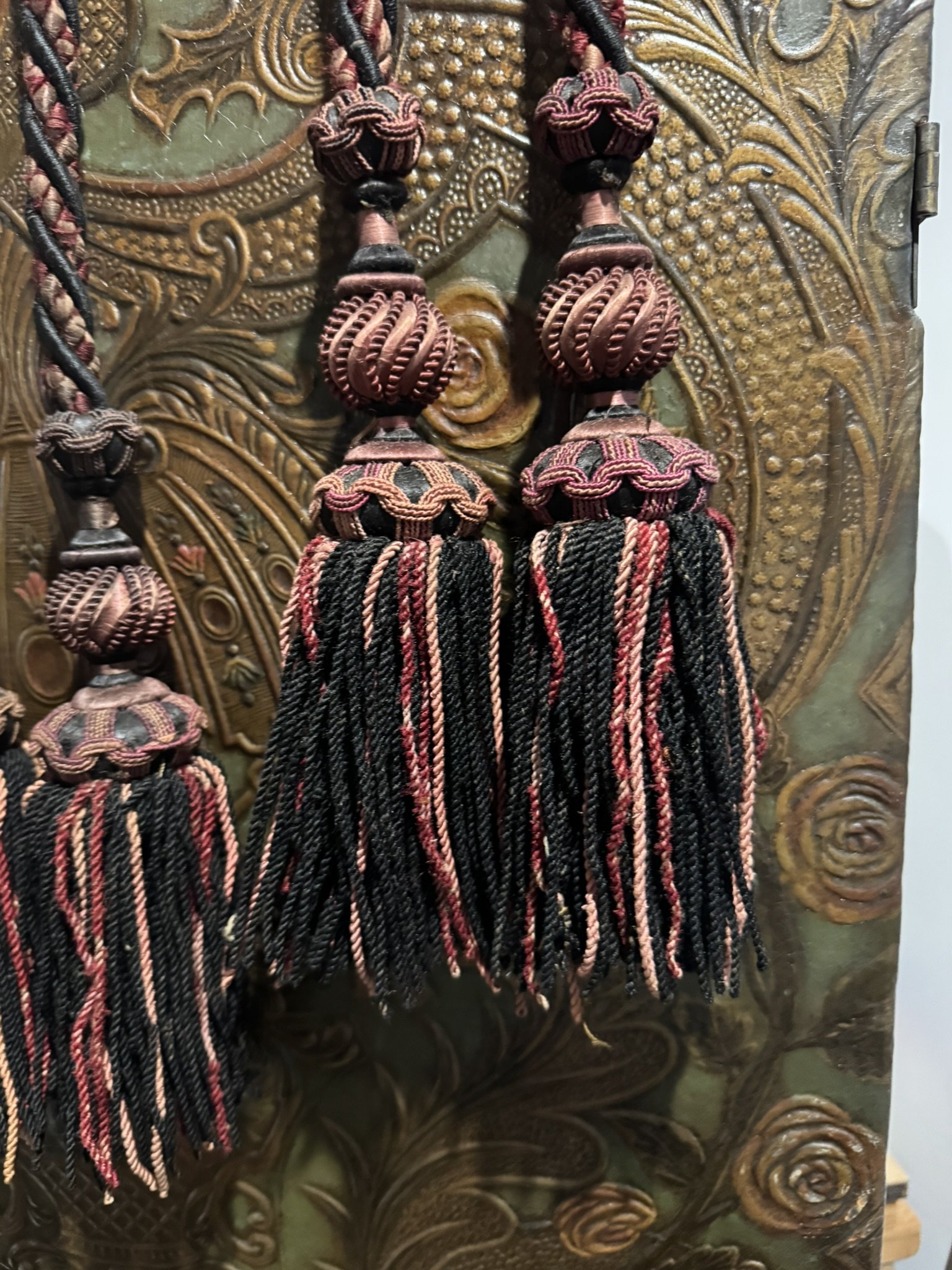 Pair of Antique  French Chateau Find Passementerie Double-Tassel Tiebacks, Black/Burgundy/Tan
